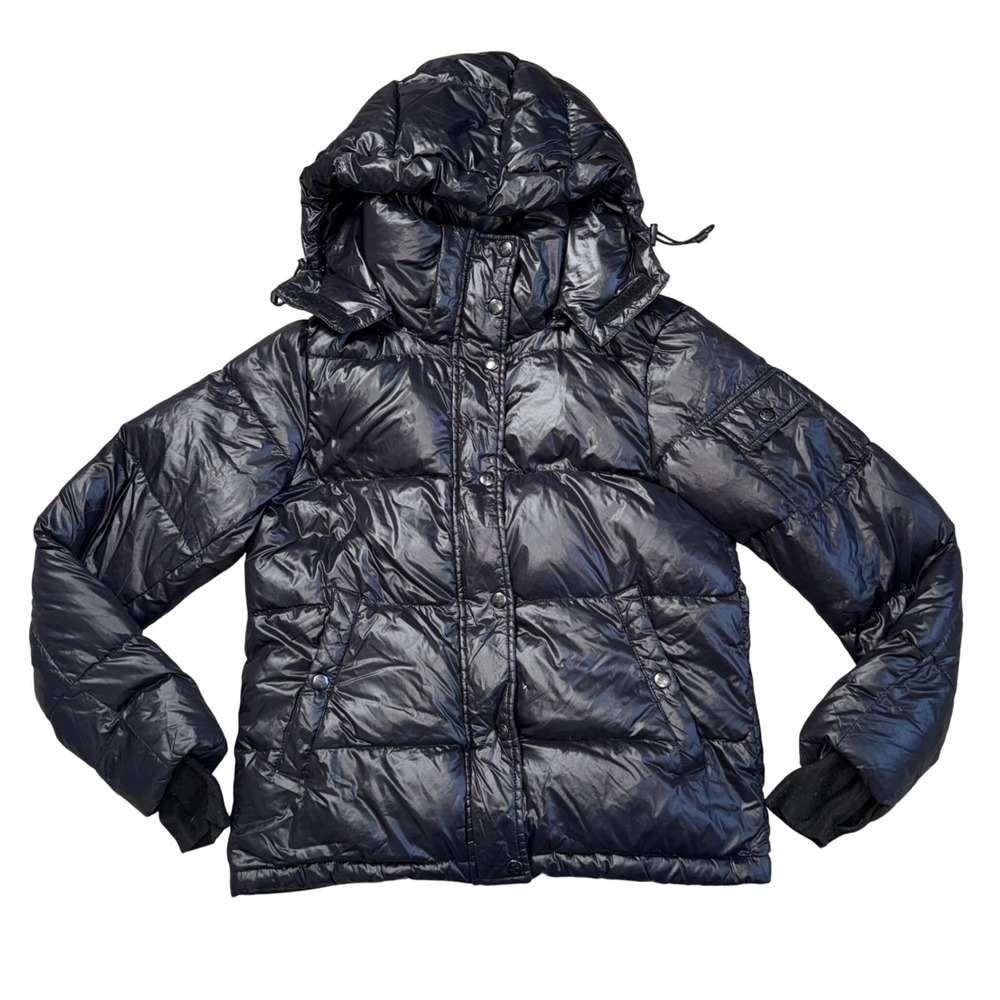 S13 New York Down Puffer Jacket Women Small Black Good Hooded Glossy Quilted